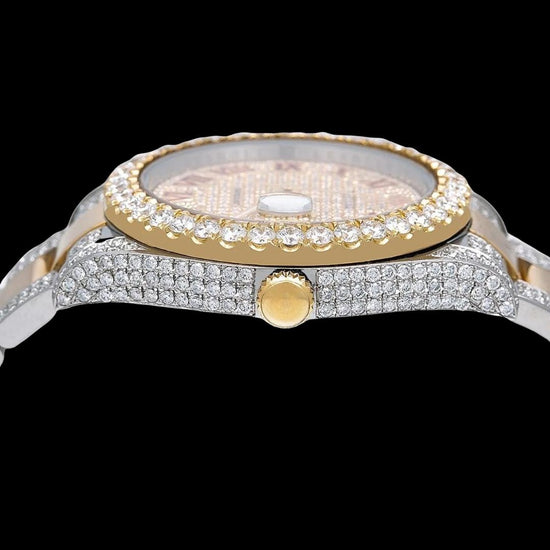 Rolex Datejust Red Roman Numerals Diamond Bezel Two Tone Oyster Bracelet Yellow God Moissanite Watch Crown View