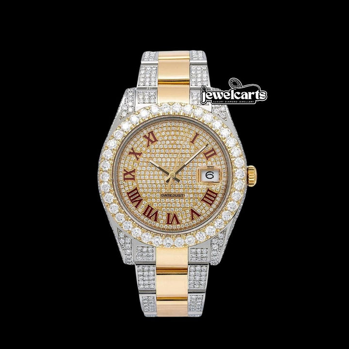 Rolex Datejust Red Roman Numerals Diamond Bezel Two Tone Oyster Bracelet Yellow God Moissanite Watch Front View