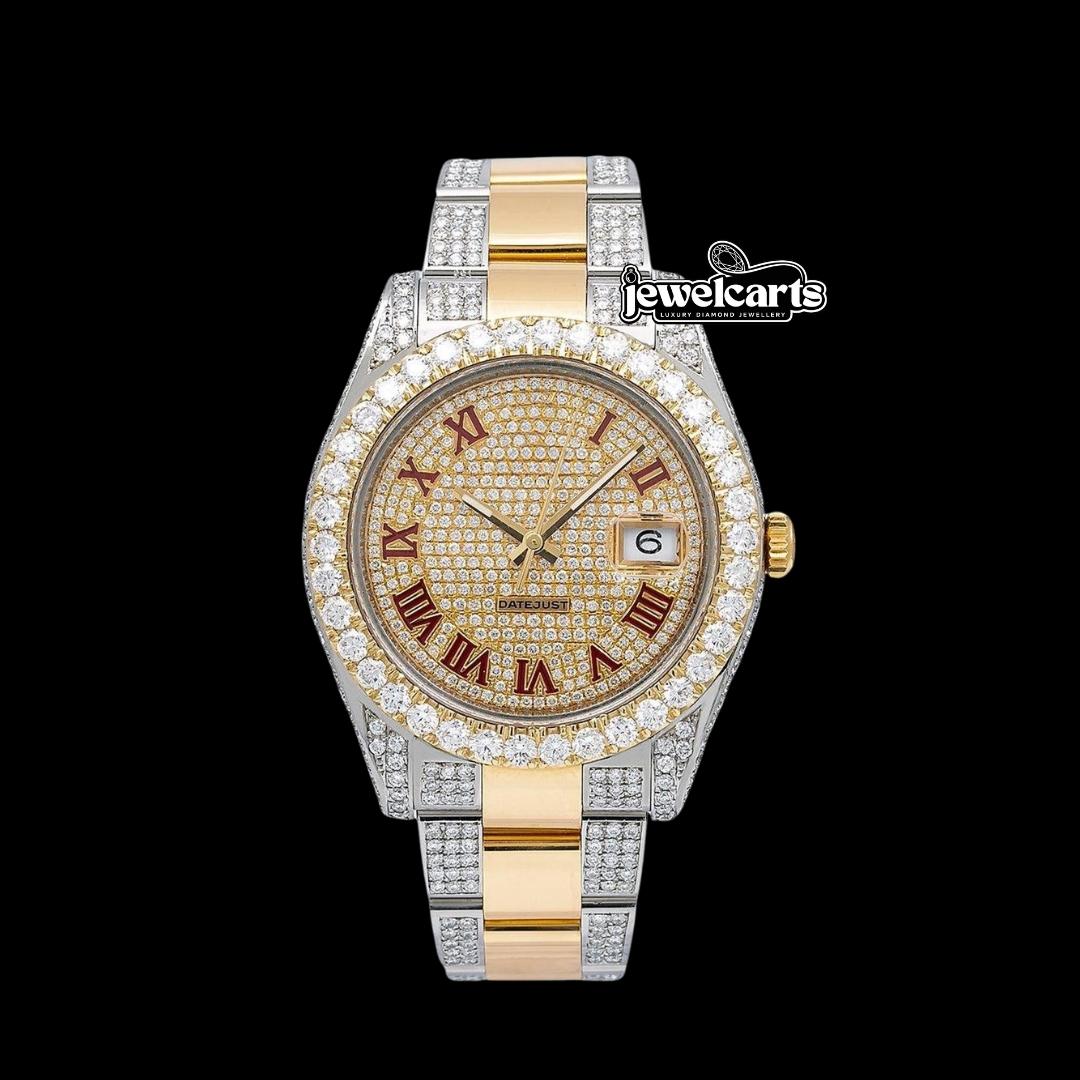 Rolex Datejust Red Roman Numerals Diamond Bezel Two Tone Oyster Bracelet Yellow God Moissanite Watch Front View