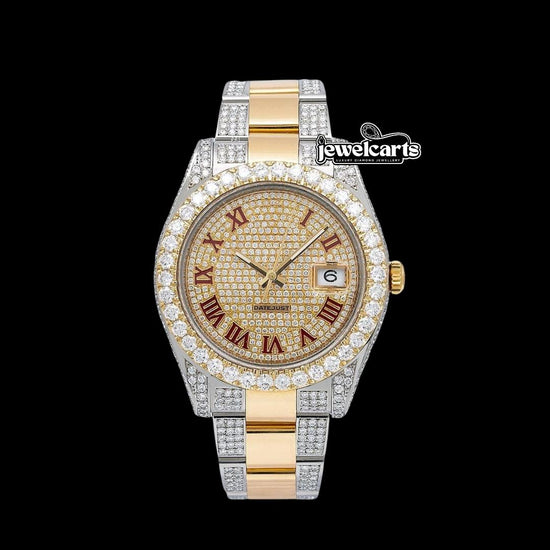 Rolex Datejust Red Roman Numerals Diamond Bezel Two Tone Oyster Bracelet Yellow God Moissanite Watch Front View