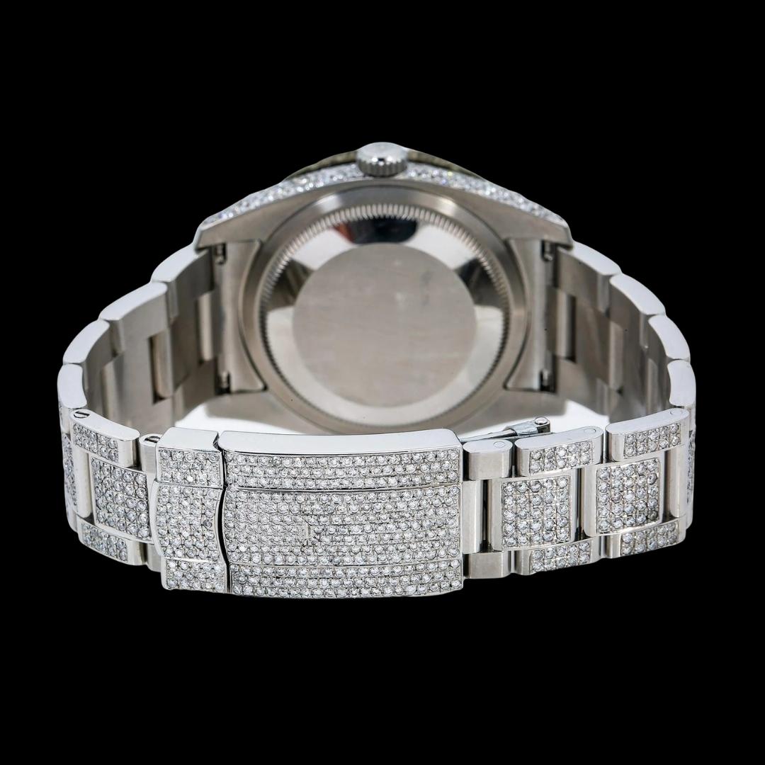 Rolex Datejust Red Roman Numerals Diamond Paved Dial Fully Iced Out Oyster Bracelet Moissanite Watch Caseback View