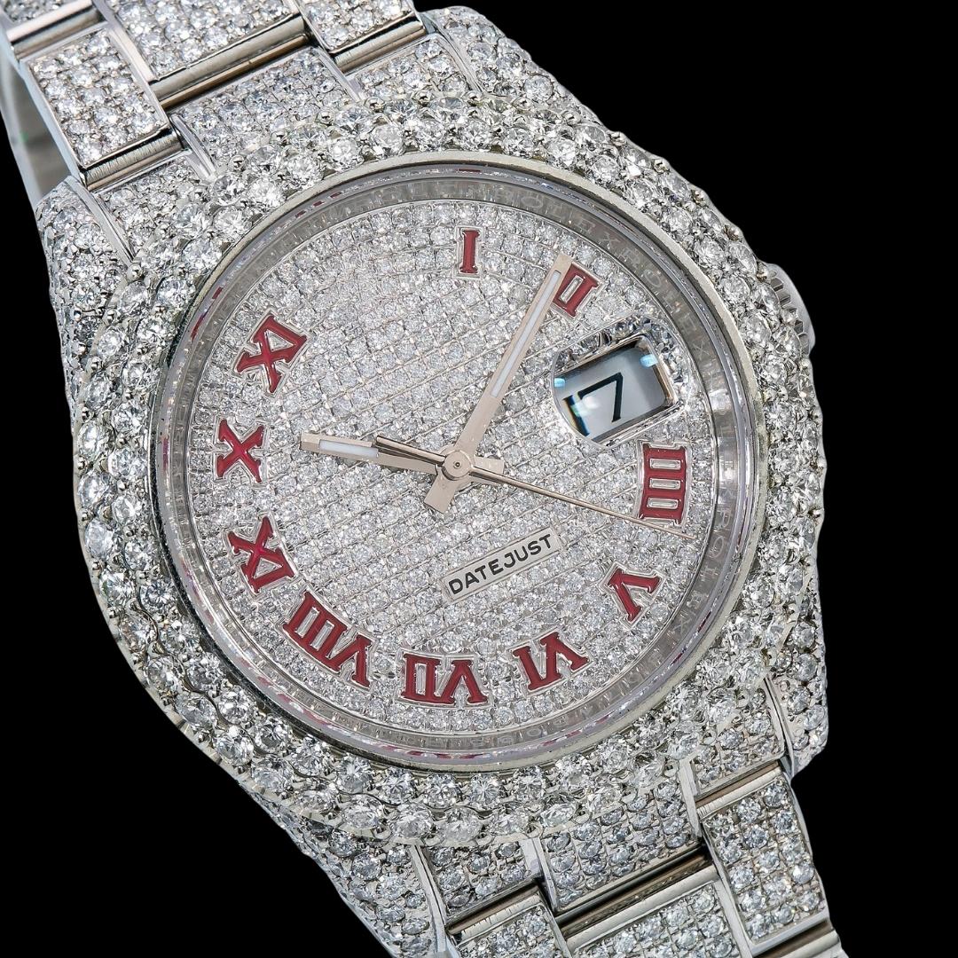 Rolex Datejust Red Roman Numerals Diamond Paved Dial Fully Iced Out Oyster Bracelet Moissanite Watch Close Up Dial View