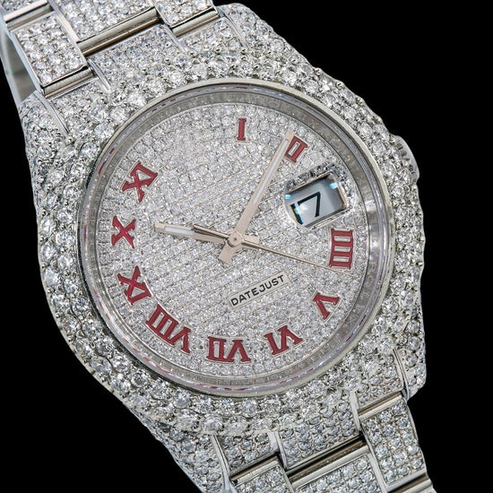 Rolex Datejust Red Roman Numerals Diamond Paved Dial Fully Iced Out Oyster Bracelet Moissanite Watch Close Up Dial View