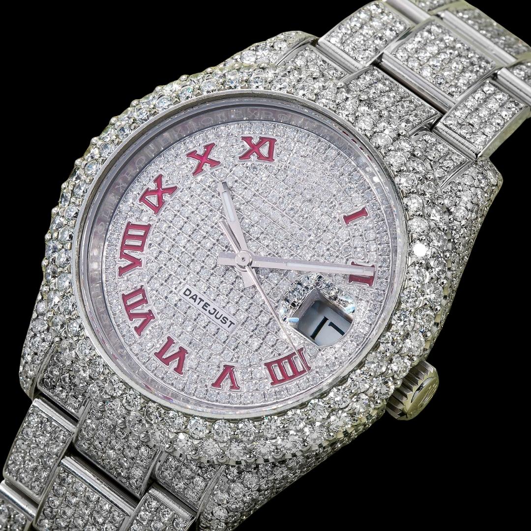 Rolex Datejust Red Roman Numerals Diamond Paved Dial Fully Iced Out Oyster Bracelet Moissanite Watch Close Up Front View