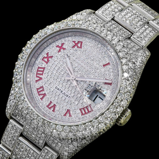 Rolex Datejust Red Roman Numerals Diamond Paved Dial Fully Iced Out Oyster Bracelet Moissanite Watch Close Up Front View