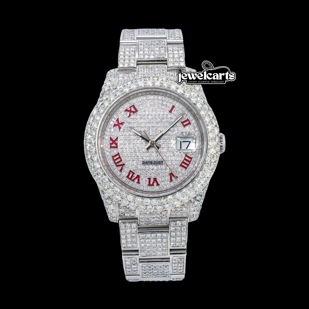 Rolex Datejust Red Roman Numerals Diamond Paved Dial Fully Iced Out Oyster Bracelet Moissanite Watch Front View