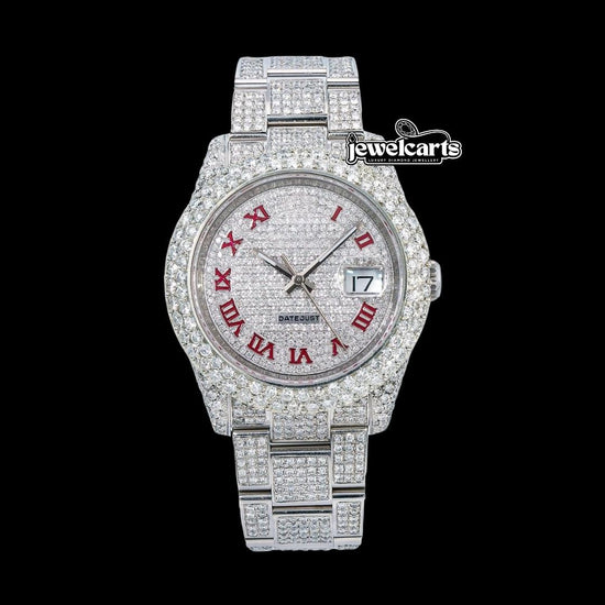 Rolex Datejust Red Roman Numerals Diamond Paved Dial Fully Iced Out Oyster Bracelet Moissanite Watch Front View