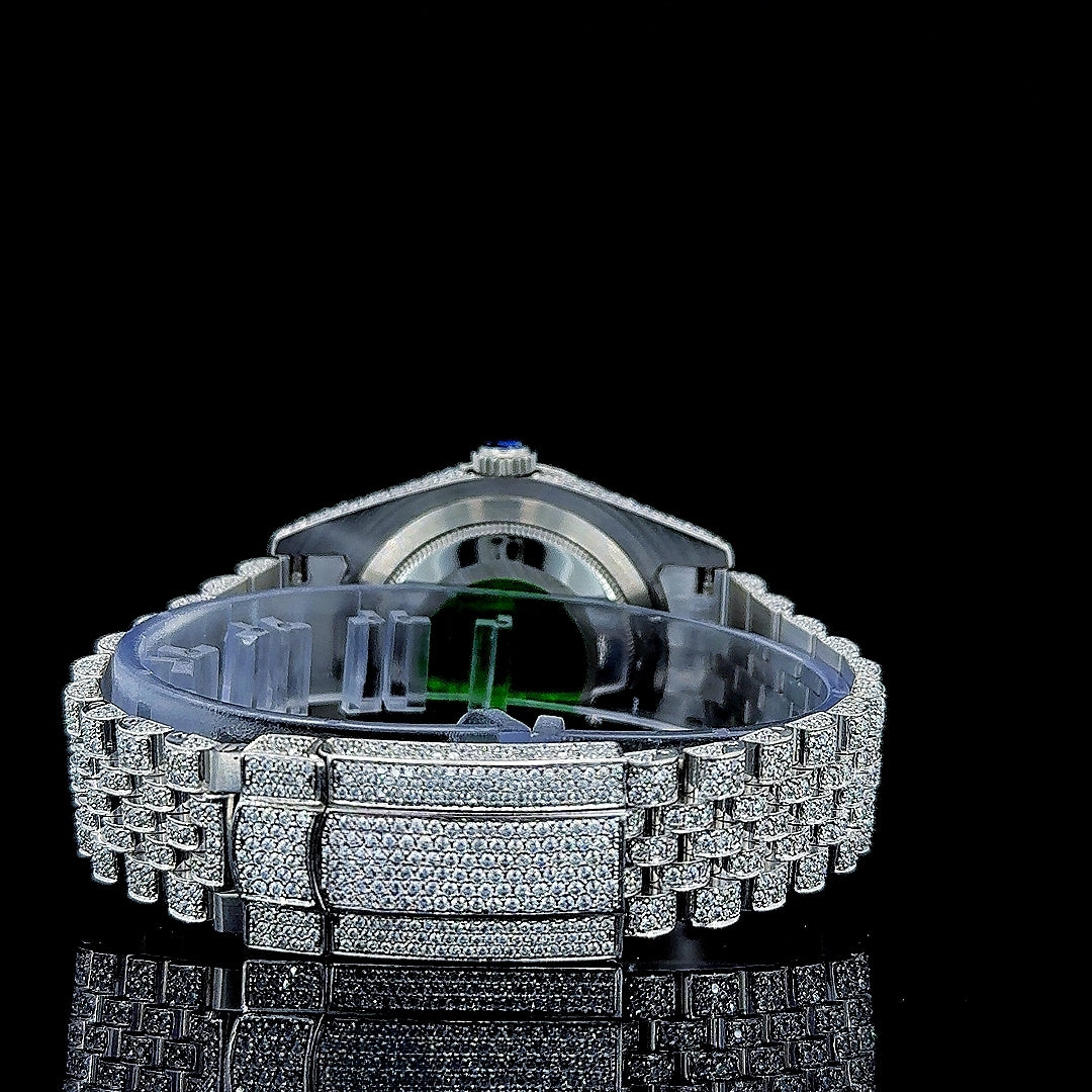 Rolex Datejust Roman Dial Fully Iced Out Jubilee Strap White Gold Moissanite Watch Caseback View