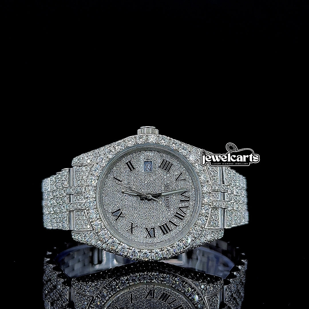 Rolex Datejust Roman Dial Fully Iced Out Jubilee Strap White Gold Moissanite Watch Front View