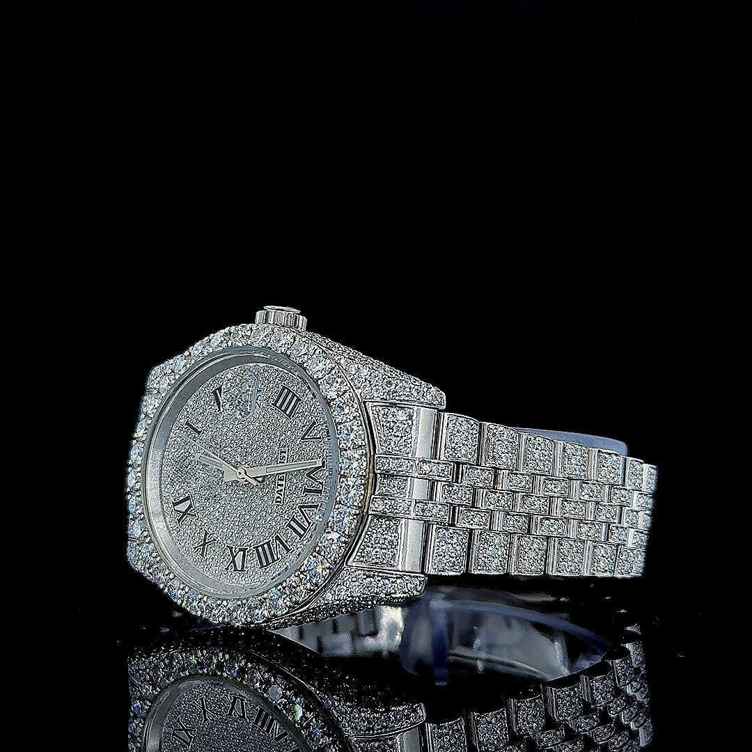 Rolex Datejust Roman Dial Fully Iced Out Jubilee Strap White Gold Moissanite Watch Left Profile View