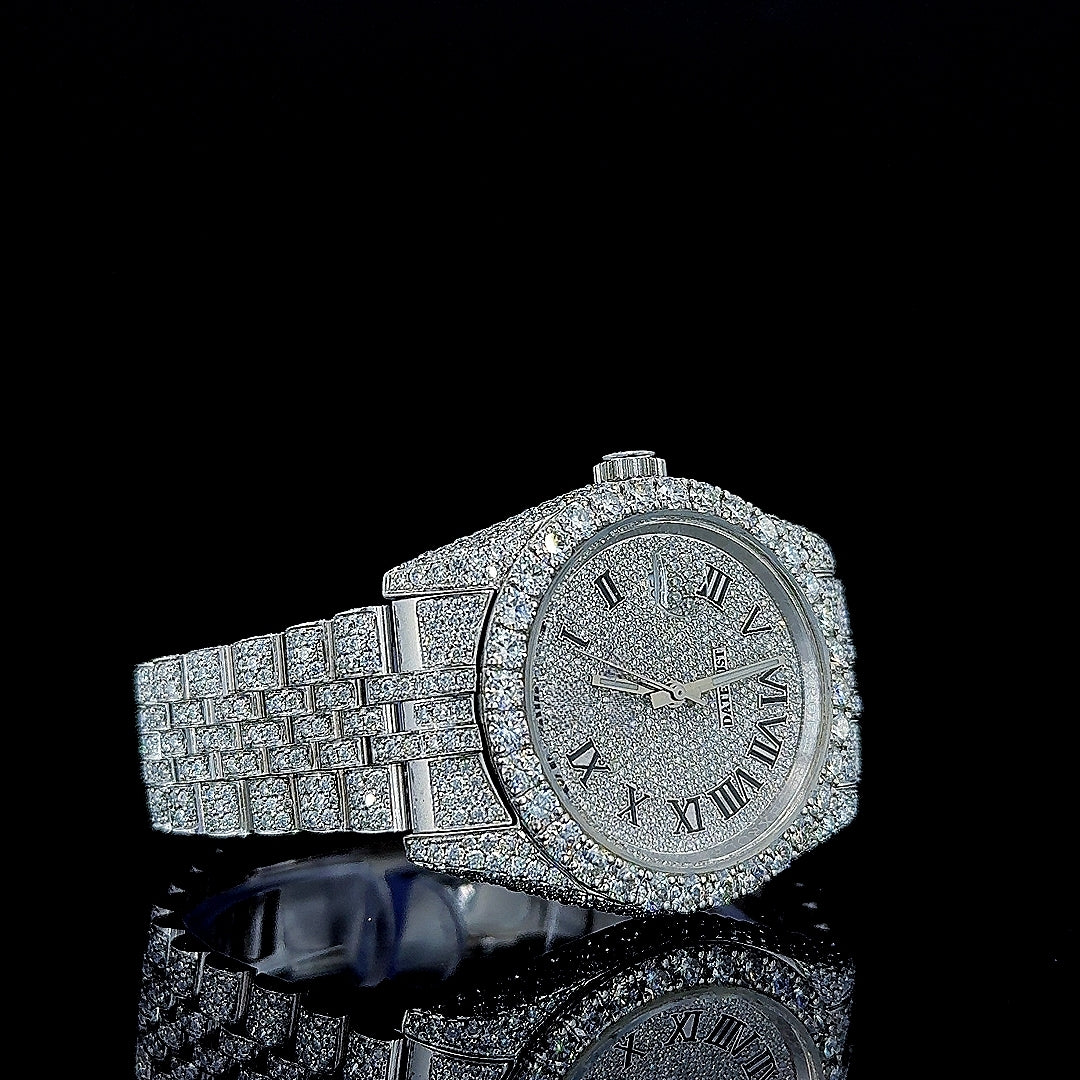 Rolex Datejust Roman Dial Fully Iced Out Jubilee Strap White Gold Moissanite Watch Right Profile View