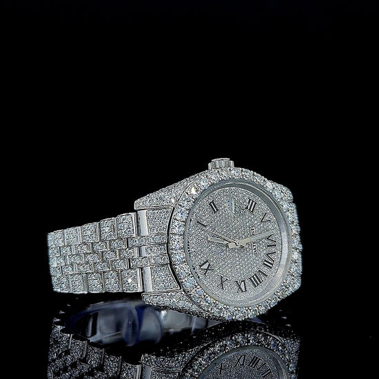 Rolex Datejust Roman Dial Fully Iced Out Jubilee Strap White Gold Moissanite Watch Right Profile View