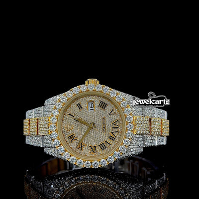 Rolex Datejust Roman Dial Two Tone Yellow Gold Oyster Bracelet Iced Out Watch
