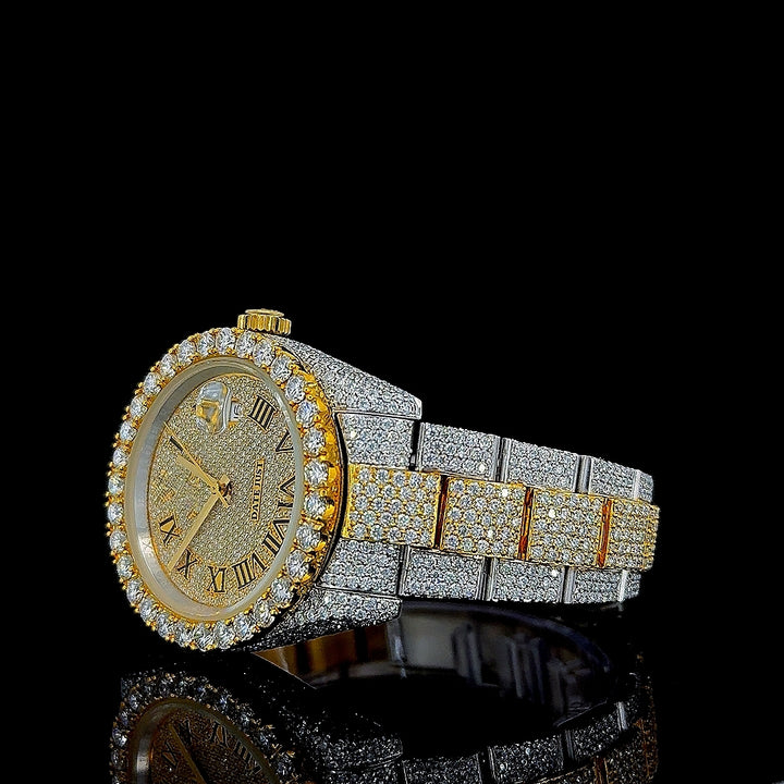 Rolex Datejust Roman Dial Two Tone Yellow Gold Oyster Bracelet Iced Out Watch Left Profile View