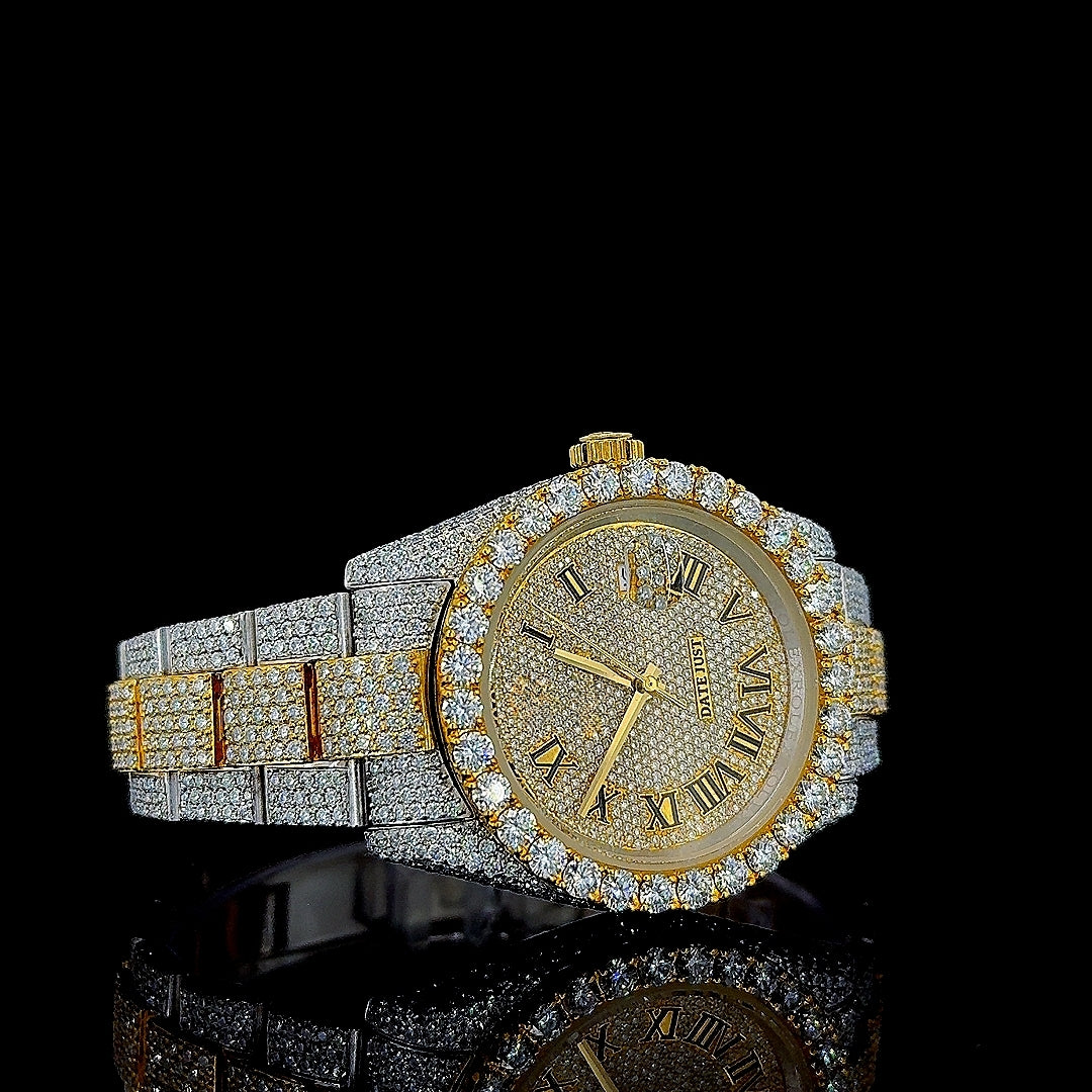 Rolex Datejust Roman Dial Two Tone Yellow Gold Oyster Bracelet Iced Out Watch Right Profile View
