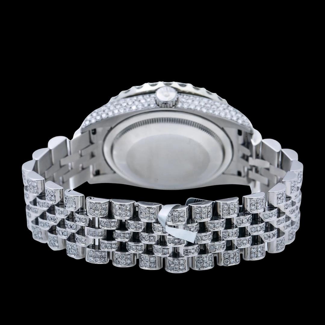 Rolex Datejust Roman Numerals Black Pearl Dial Diamond Bezel Jubilee Bracelet Fully Iced Out Moissanite Watch Caseback View