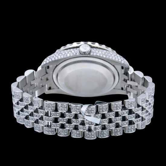 Rolex Datejust Roman Numerals Black Pearl Dial Diamond Bezel Jubilee Bracelet Fully Iced Out Moissanite Watch Caseback View
