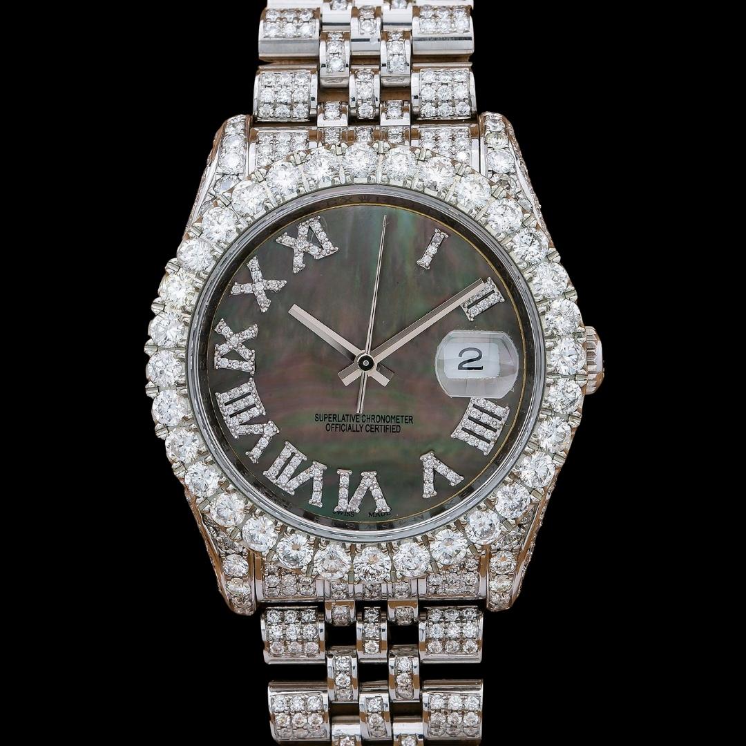Rolex Datejust Roman Numerals Black Pearl Dial Diamond Bezel Jubilee Bracelet Fully Iced Out Moissanite Watch Close Up Front View