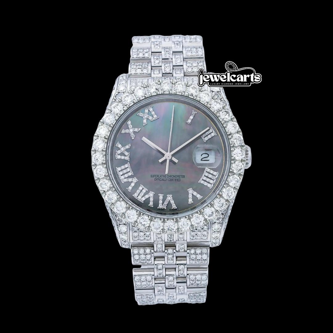Rolex Datejust Roman Numerals Black Pearl Dial Diamond Bezel Jubilee Bracelet Fully Iced Out Moissanite Watch Front View