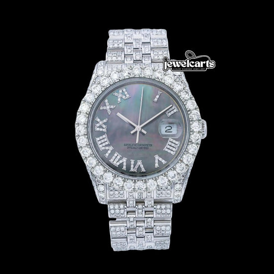 Rolex Datejust Roman Numerals Black Pearl Dial Diamond Bezel Jubilee Bracelet Fully Iced Out Moissanite Watch Front View