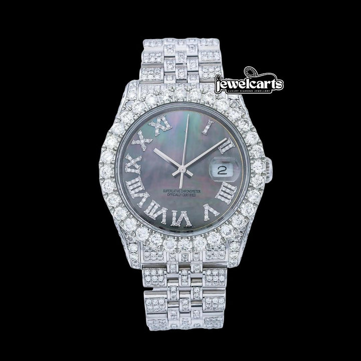 Rolex Datejust Roman Numerals Black Pearl Dial Diamond Bezel Jubilee Bracelet Fully Iced Out Moissanite Watch Front View