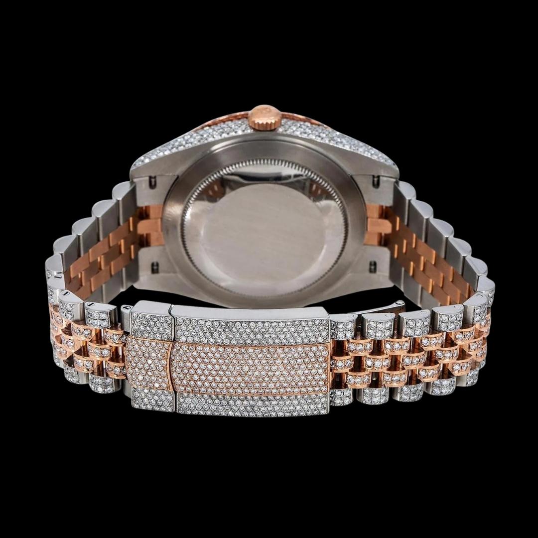 Rolex Datejust Rose Gold Arabic Dial Diamond Bezel Two Tone Iced Out Jubilee Bracelet Moissanite Watch Caseback View