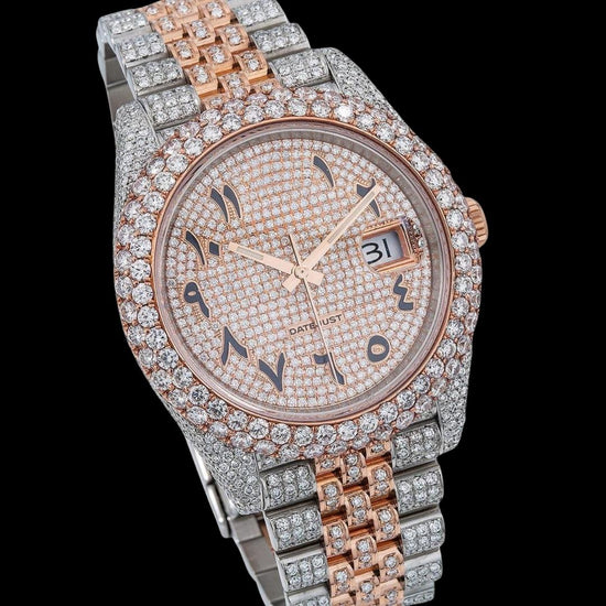 Rolex Datejust Rose Gold Arabic Dial Diamond Bezel Two Tone Iced Out Jubilee Bracelet Moissanite Watch Close Up Dial View