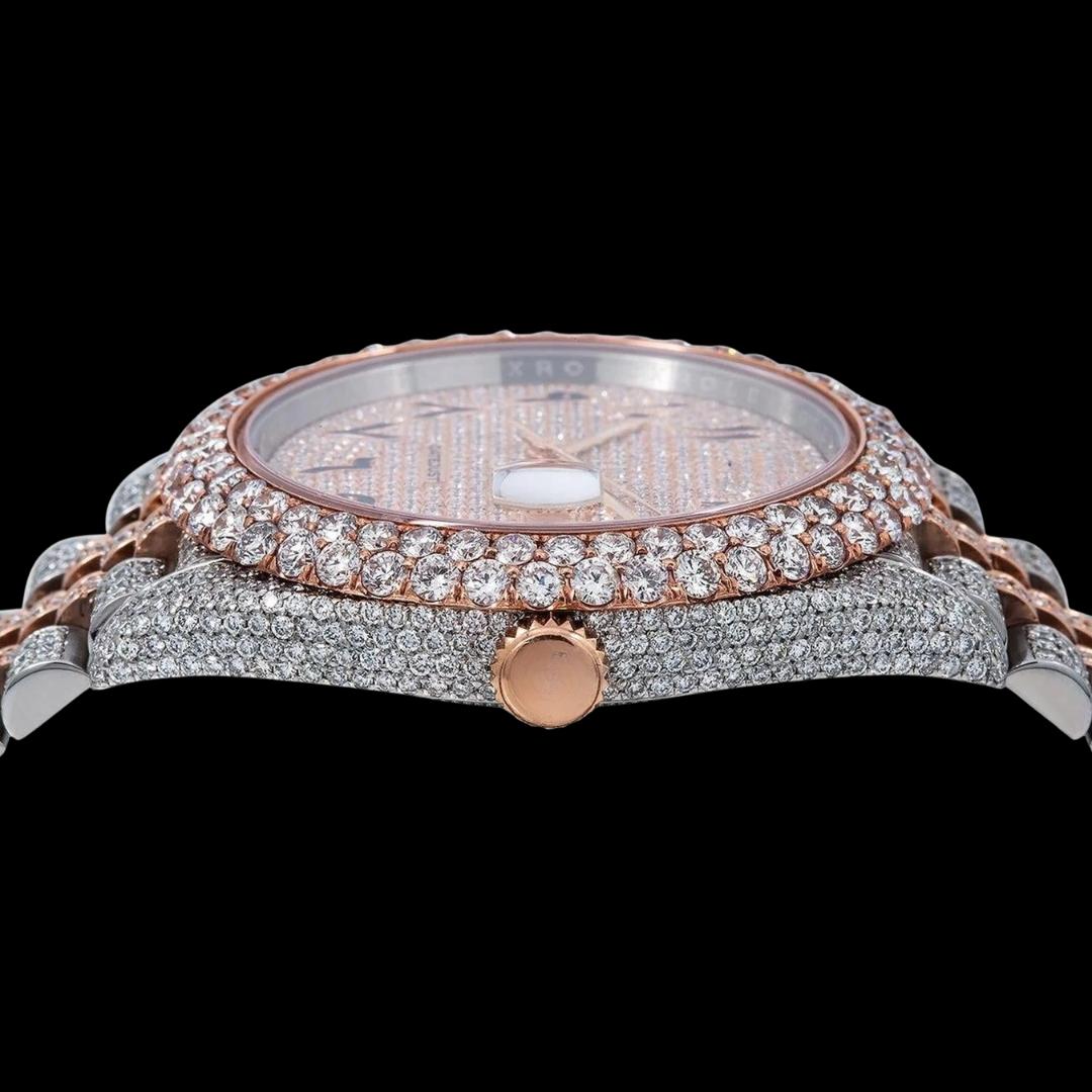 Rolex Datejust Rose Gold Arabic Dial Diamond Bezel Two Tone Iced Out Jubilee Bracelet Moissanite Watch Crown View