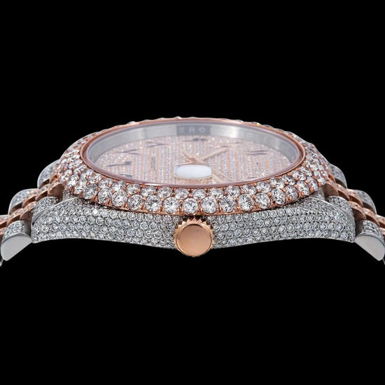 Rolex Datejust Rose Gold Arabic Dial Diamond Bezel Two Tone Iced Out Jubilee Bracelet Moissanite Watch Crown View