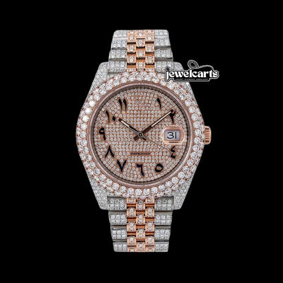 Rolex Datejust Rose Gold Arabic Dial Diamond Bezel Two Tone Iced Out Jubilee Bracelet Moissanite Watch