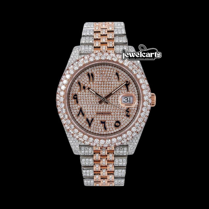 Rolex Datejust Rose Gold Arabic Dial Diamond Bezel Two Tone Iced Out Jubilee Bracelet Moissanite Watch Front View