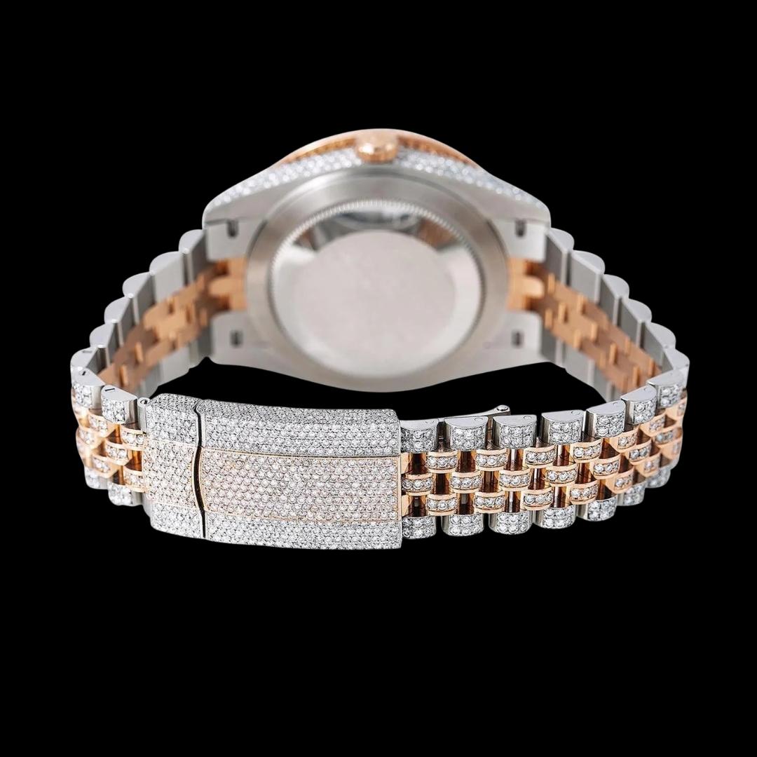 Rolex Datejust Rose Gold Diamond Dial Black Roman Numerals Two Tone Jubilee Bracelet Iced Out Moissanite Watch Caseback View