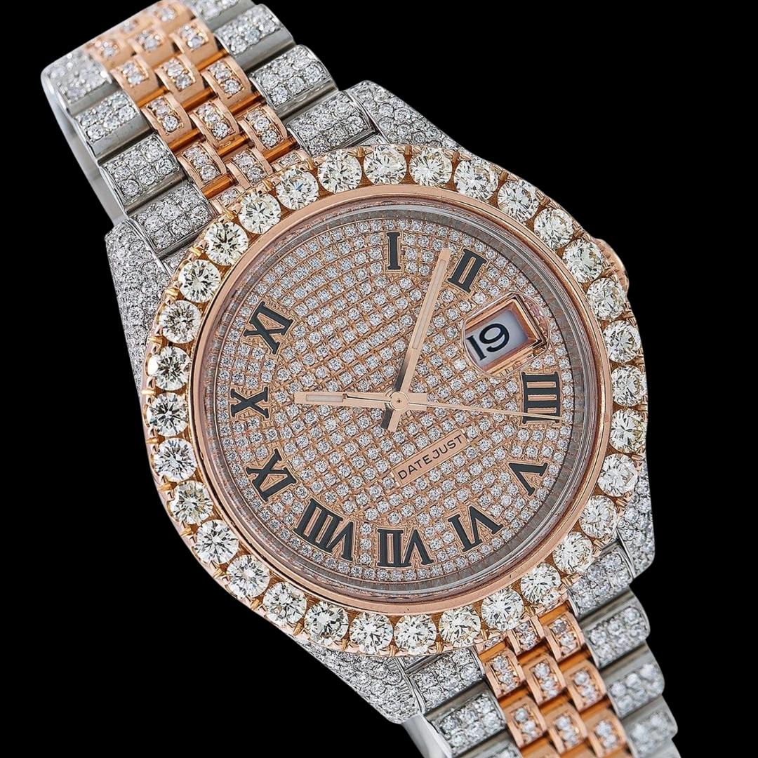 Rolex Datejust Rose Gold Diamond Dial Black Roman Numerals Two Tone Jubilee Bracelet Iced Out Moissanite Watch Close Up Dial View