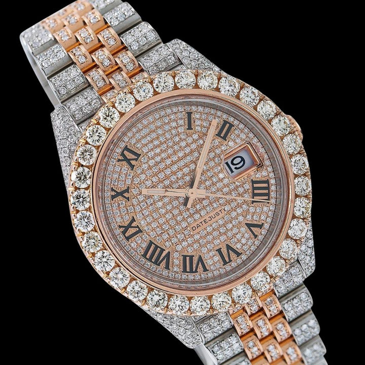 Rolex Datejust Rose Gold Diamond Dial Black Roman Numerals Two Tone Jubilee Bracelet Iced Out Moissanite Watch Close Up Dial View