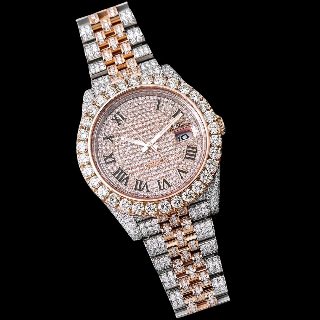 Rolex Datejust Rose Gold Diamond Dial Black Roman Numerals Two Tone Jubilee Bracelet Iced Out Moissanite Watch Close Up Front View