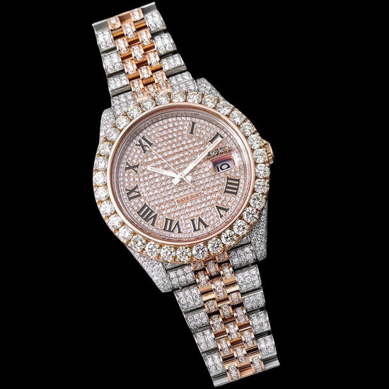 Rolex Datejust Rose Gold Diamond Dial Black Roman Numerals Two Tone Jubilee Bracelet Iced Out Moissanite Watch Close Up Front View