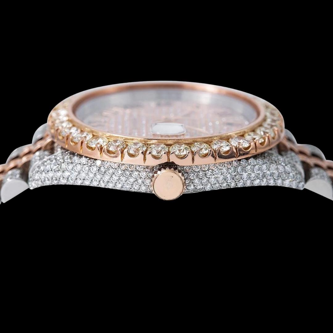 Rolex Datejust Rose Gold Diamond Dial Black Roman Numerals Two Tone Jubilee Bracelet Iced Out Moissanite Watch Crown View