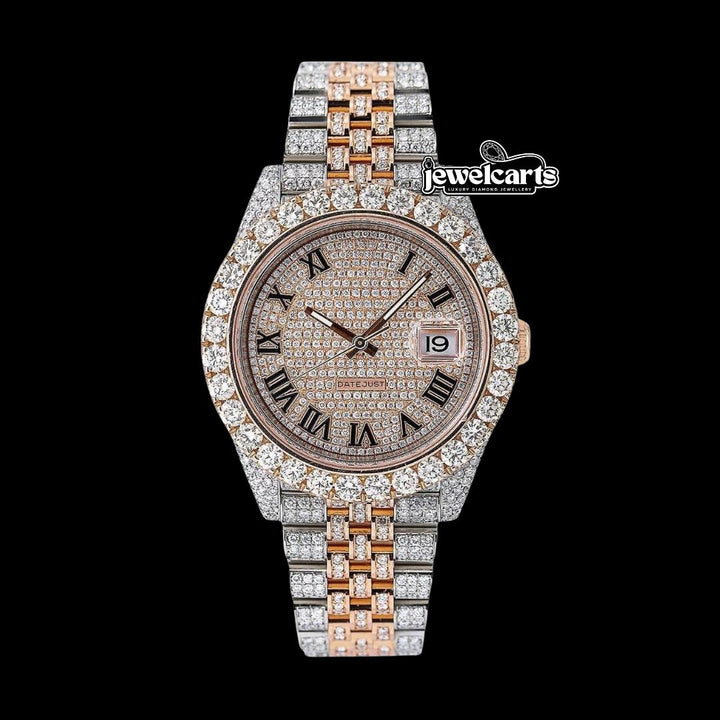 Rolex Datejust Rose Gold Diamond Dial Black Roman Numerals Two Tone Jubilee Bracelet Iced Out Moissanite Watch Front View