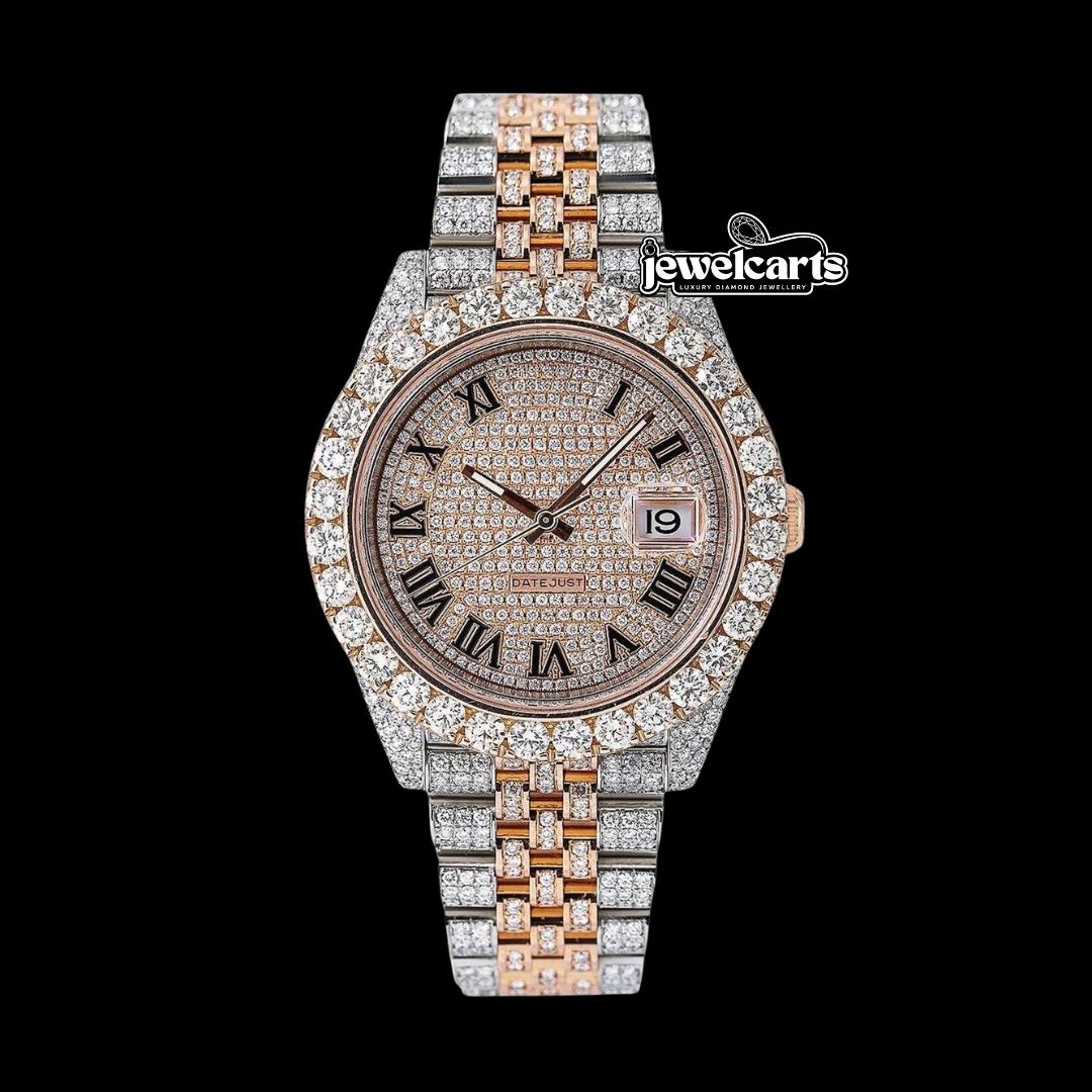 Rolex Datejust Rose Gold Diamond Dial Black Roman Numerals Two Tone Jubilee Bracelet Iced Out Moissanite Watch Front View