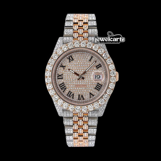 Rolex Datejust Rose Gold Diamond Dial Black Roman Numerals Two Tone Jubilee Bracelet Iced Out Moissanite Watch Front View