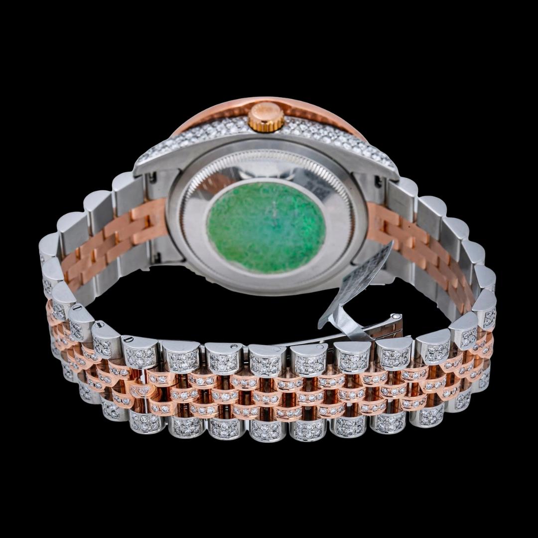 Rolex Datejust Rose Gold Diamond Paved Dial Stick Black Markers Two Tone Iced Out Moissanite Watch Caseback View