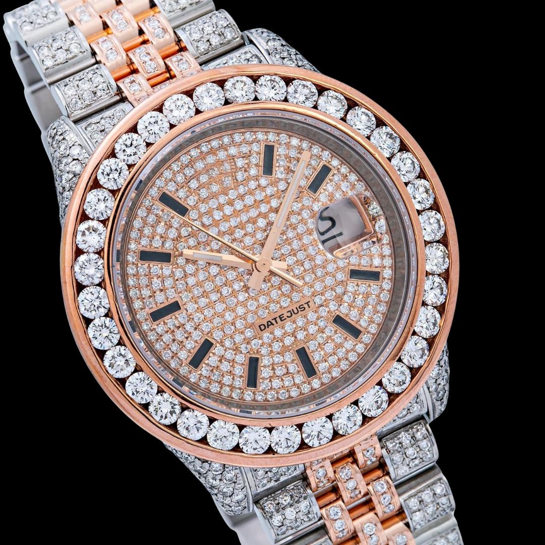 Rolex Datejust Rose Gold Diamond Paved Dial Stick Black Markers Two Tone Iced Out Moissanite Watch Close Up Dial View