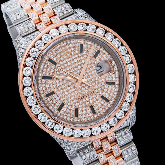 Rolex Datejust Rose Gold Diamond Paved Dial Stick Black Markers Two Tone Iced Out Moissanite Watch Close Up Dial View