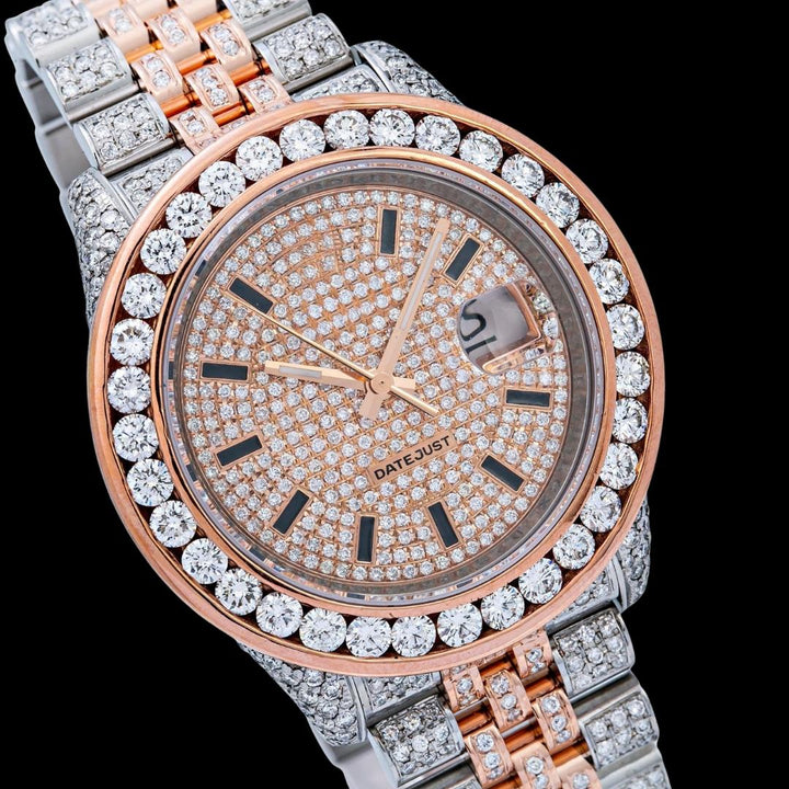 Rolex Datejust Rose Gold Diamond Paved Dial Stick Black Markers Two Tone Iced Out Moissanite Watch Close Up Dial View
