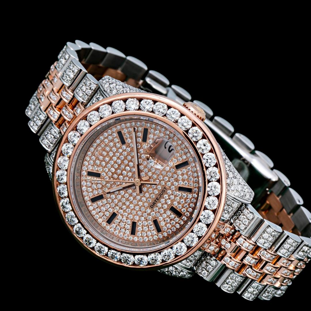 Rolex Datejust Rose Gold Diamond Paved Dial Stick Black Markers Two Tone Iced Out Moissanite Watch Close Up Front View