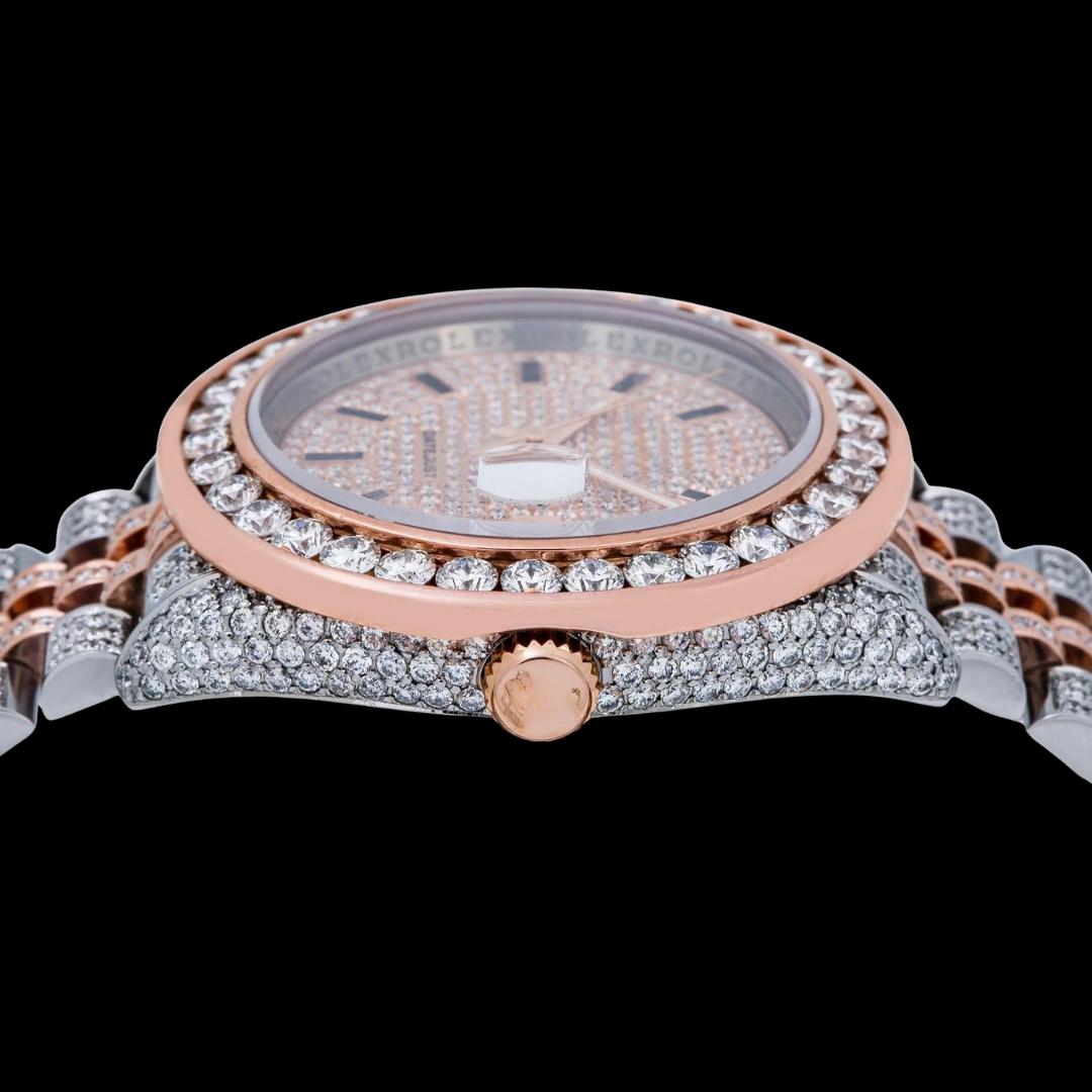 Rolex Datejust Rose Gold Diamond Paved Dial Stick Black Markers Two Tone Iced Out Moissanite Watch Crown View