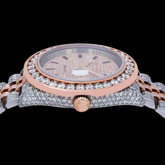 Rolex Datejust Rose Gold Diamond Paved Dial Stick Black Markers Two Tone Iced Out Moissanite Watch Crown View