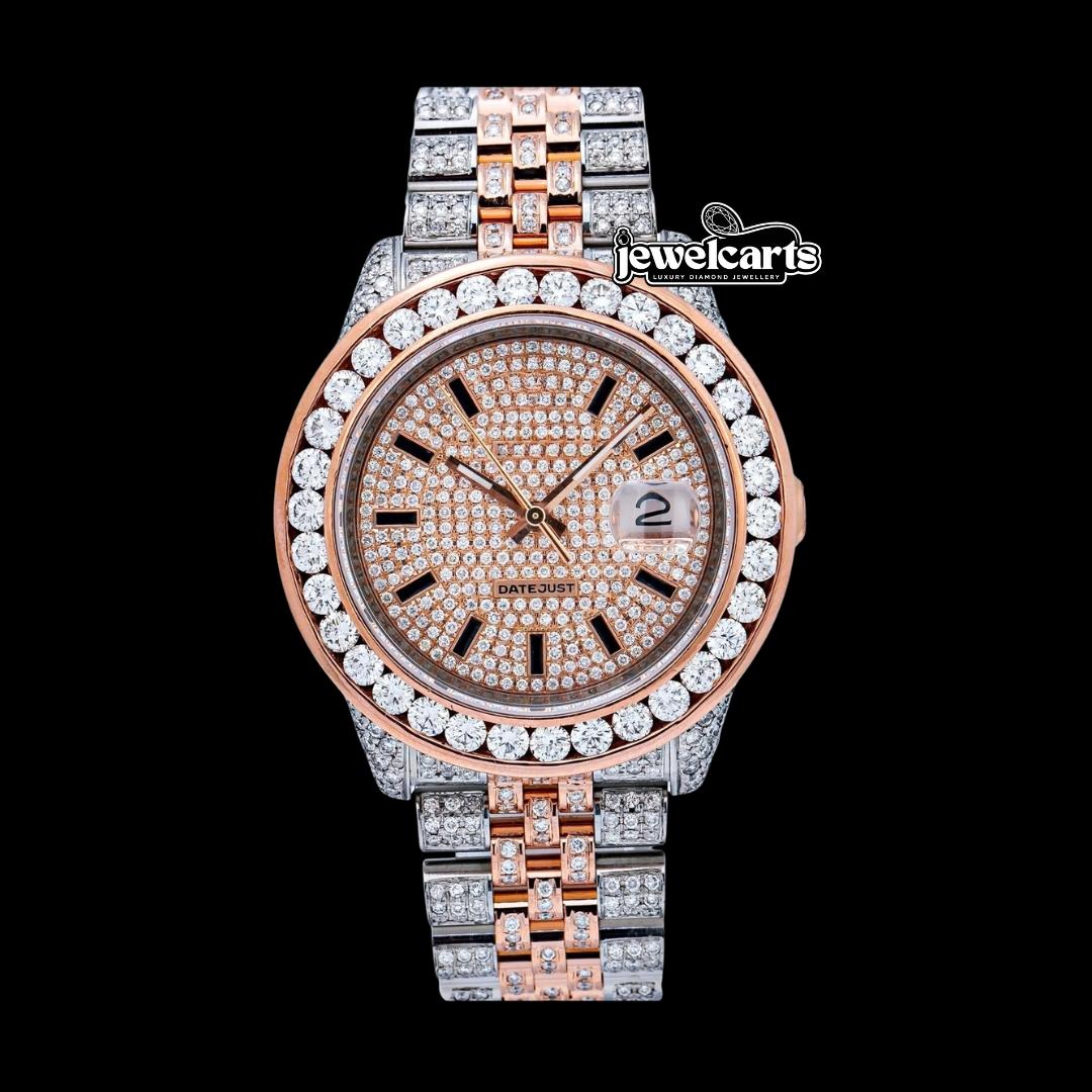 Rolex Datejust Rose Gold Diamond Paved Dial Stick Black Markers Two Tone Iced Out Moissanite Watch Front View