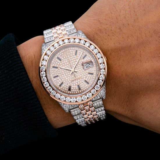 Rolex Datejust Rose Gold Diamond Paved Dial Stick Black Markers Two Tone Iced Out Moissanite Watch On Wrist View