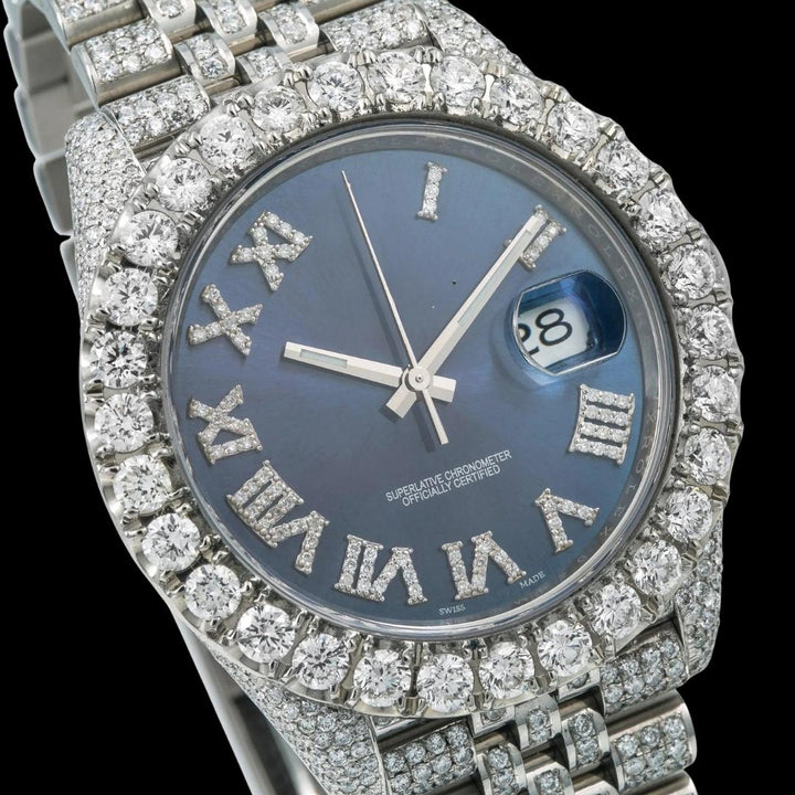 Rolex Datejust Royal Blue Dial Diamond Roman Numerals Fully Iced Out Jubilee Bracelet Moissanite Watch Close Up Dial View